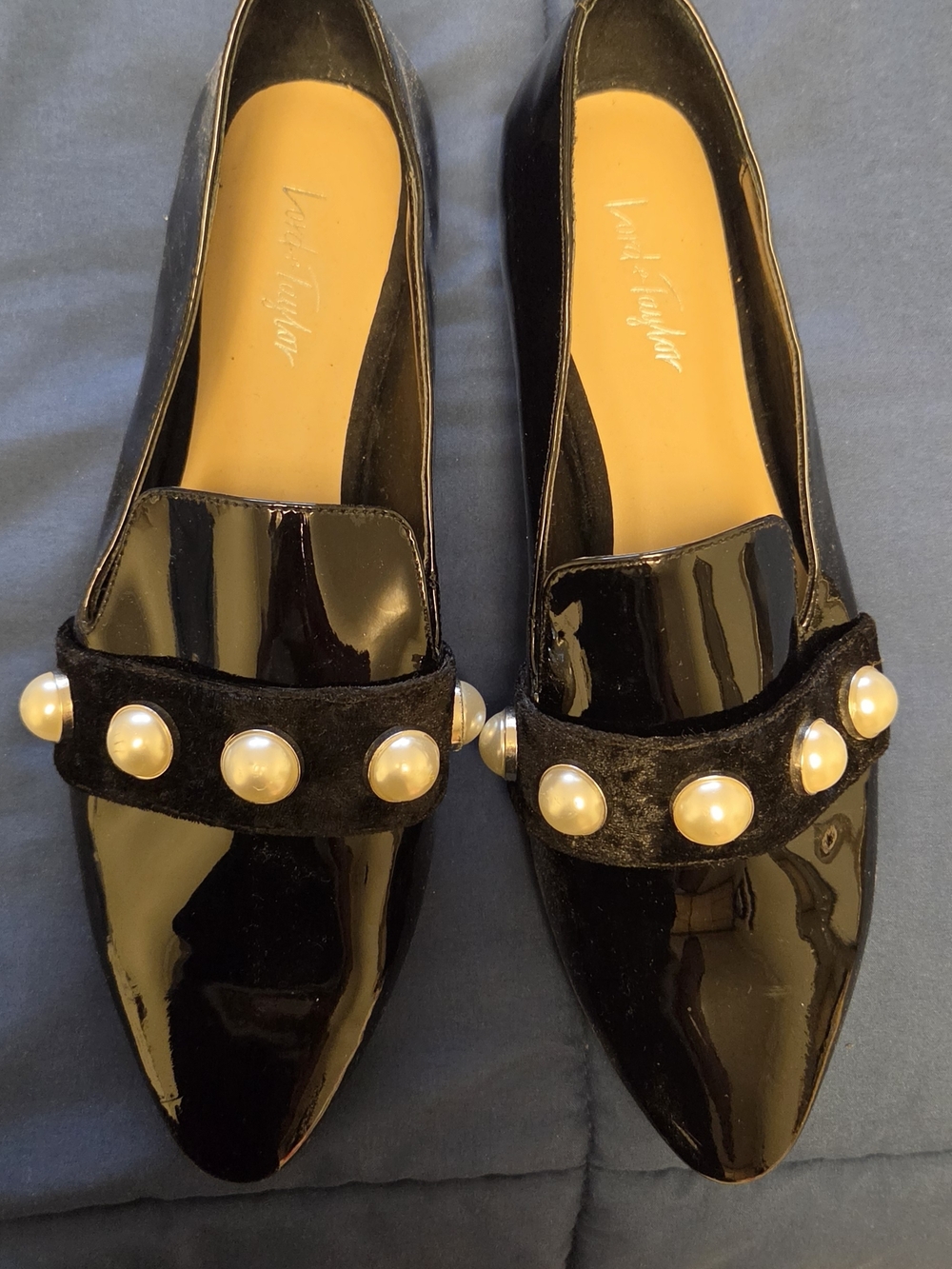Lord & Taylor Black Patent Loafers with Pearl Accents